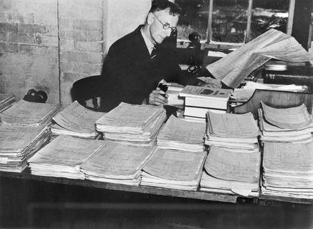 Charles Bean at work on the operations files at Victoria Barracks