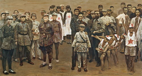Two of the six panels of Red Star over China, 1987