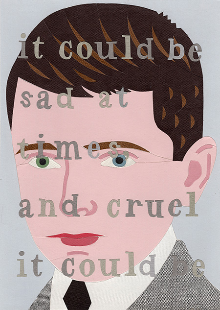 A paper collage of a boy's face superimposed with text that reads: