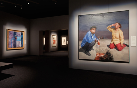 A view of the exhibition, with Wang Yan's Chicken Feast (2005) in the foreground