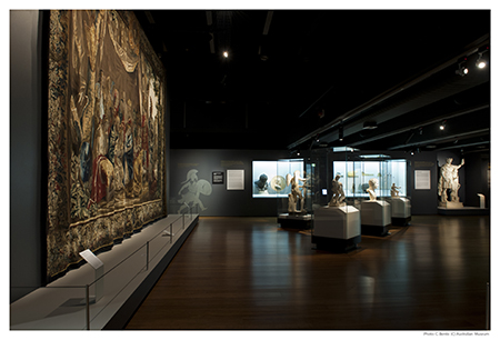 Tapestry as backdrop to section of the exhibition dealing with Alexander's upbringing and early life
