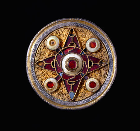 Wingham brooch, 575–625 silver-gilt, niello, garnet, glass and shell, England