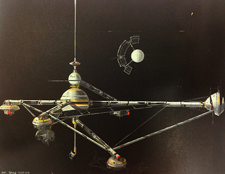 Design in mixed media by Harry Lange of the Drax Industries space station in Moonraker