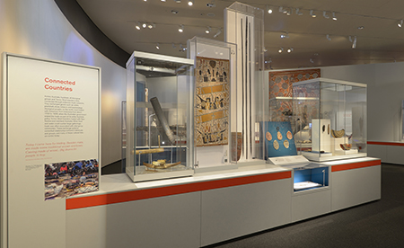 The ‘Connected countries’ module in the Indigenous Australia exhibition, which displays objects associated with the extensive trading networks between Aboriginal and Torres Strait Islander peoples and Indonesian fishermen