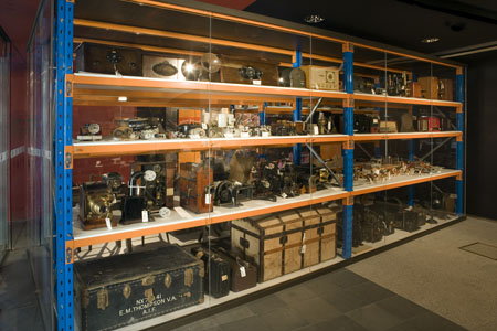 Shelves with collection objects on them