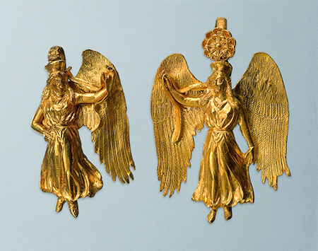 Greek earrings from the fourth century BC with figures of Nike (Victory)