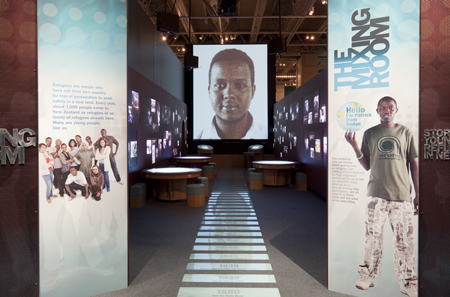 Entrance to The Mixing Room exhibition, featuring title sentinels welcoming visitors in the participants own words, 2013