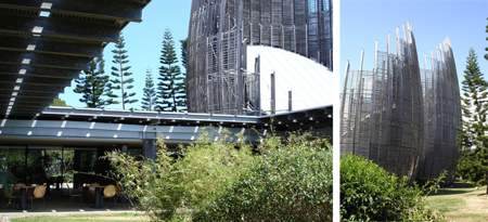 (L) Fig. 5. Looking from Kanak path into Perui House and cafeteria area. (R) Fig. 6. Exterior of third village, including Malep House