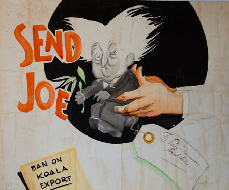 Cartoon depicting Joseph Lyons as a koala, in this case a response to the Australian Government’s refusal to allow koalas to be transported for exhibition at the World Fair in San Francisco, 1939