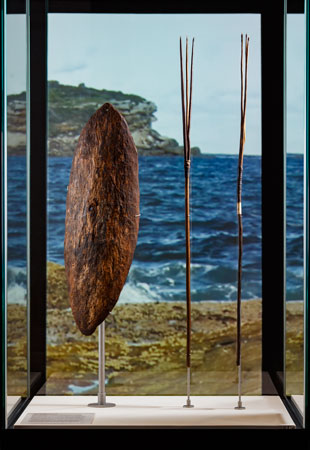 The Gweagal shield and gararra (fishing spears) collected by Joseph Banks in April 1770; on display at the National Museum of Australia, 2015–16