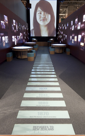 Photograph of the chronological timeline charting the first years of arrival of the many refugee communities that have come to New Zealand since 1870