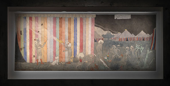 watercolour, carbon tracing, ink, pencil and collage on pieced paper