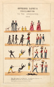 Fig. 6. Lithograph known as 'Governor Davey's Proclamation to the Aborigines 1816'
produced for the Intercolonial Exhibition, Melbourne, 1866
National Library of Australia