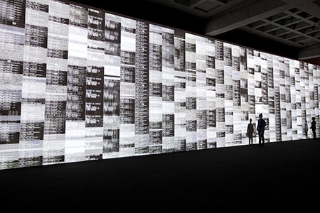 data.tron, 2009 by Ryoji Ikeda (born 1966, Gifu, Japan) three digital light processing (DLP) projectors, computers, speakers, edition of two plus one artist proof