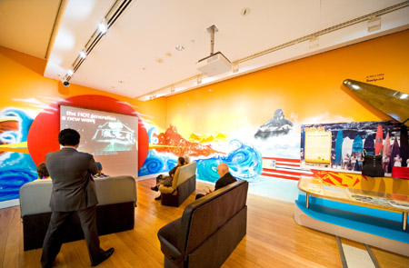 A film screening in the Surf City exhibition