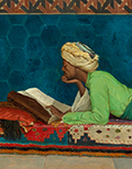 A painting of a man studing a book.